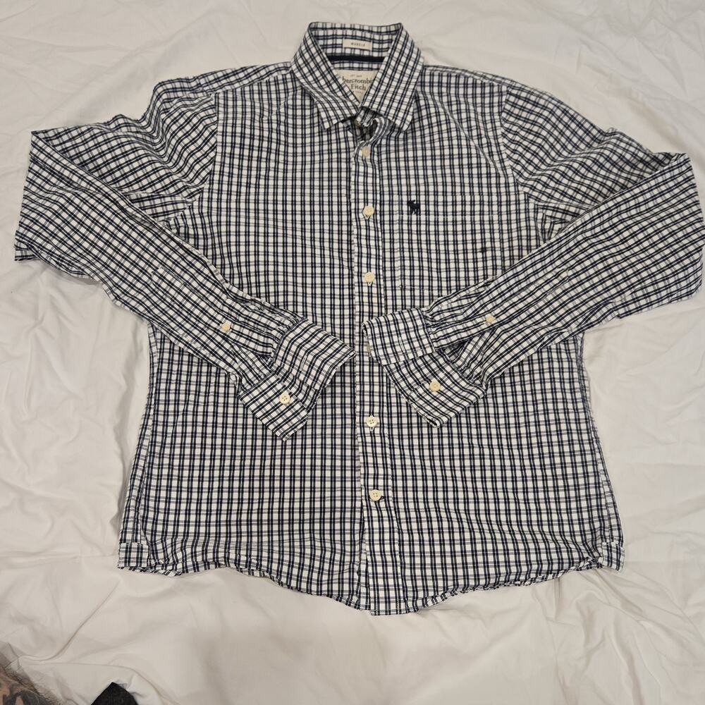 Abercrombie & Fitch Men's Muscle Fit Check Shirt Blue White Long Sleeve L